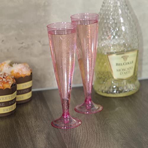 Homy Feel Pink Glitter Plastic Pink Wine Glasses 30 Pack,5 OZ Champagne Flutes Disposable for Party,Plastic Champagne Flut...