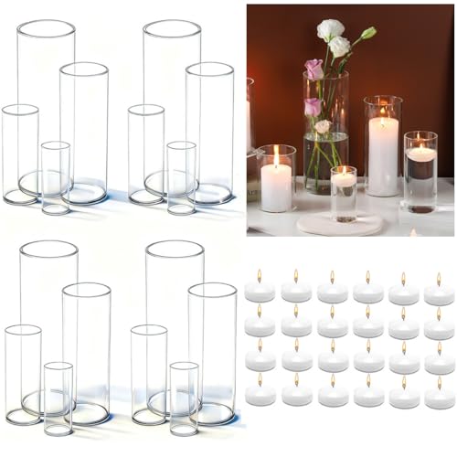 UDU Set of 16 Cylinder Glass Vases and 24 Pcs Floating Candles for Centerpiece, 4,6,8,10 Inch Tall Clear Hurricane Candle ...