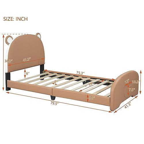 SOFTSEA Twin Size Upholstered Platform Bed with Bear-Shaped Headboard and Footboard, Twin Size Bed Frame with Wooden Slats Support, Brown+White