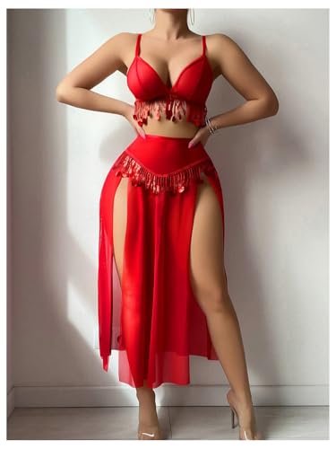 OYOANGLE Women's Sequin Lingerie Rave Outfits for Festival High Waist Split Maxi Skirt Set