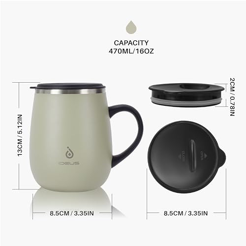 Ideus 16 oz (470 ml) Insulated Coffee Mug with Handle and Lid, Double Wall Stainless Steel Vacuum Thermal Coffee Mug, Trav...