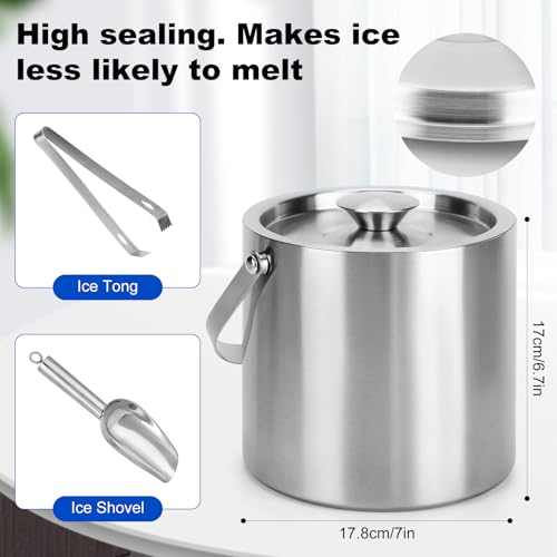 Yeatruojeet Ice Granule Bucket 3L Double Wall Ice Bucket with Lid,Scoop,Tongs- Inner Layer 304 Stainless Steel Ice Contain...