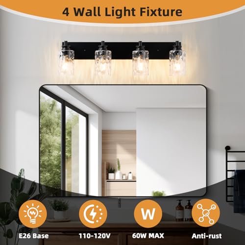 AMRUIPO 4 Light Bathroom Vanity Light Modern Black Bathroom Light Fixtures Over Mirror with Hammered Glass Lampshade for Kitchen Hallway