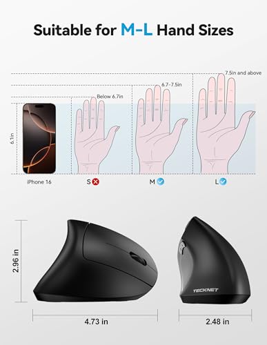 TECKNET Ergonomic Mouse, Rechargeable 2.4G+Bluetooth Vertical Mice 6 DPI Adjustable, Wireless Optical Carpal Tunnel Mouse ...