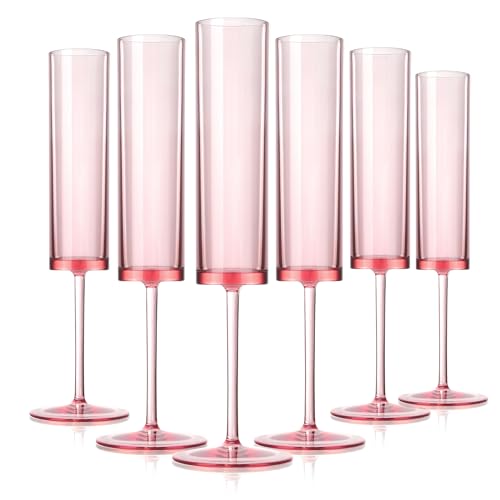 6 Pieces Acrylic Pink Champagne Flutes 5.4 OZ Square Champagne Glasses Stemmed Coupes Reusable Wedding Toasting Glasses Ro...