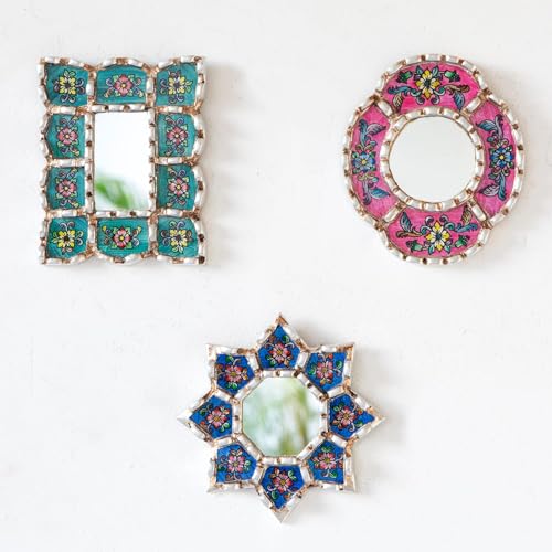 Handmade Mirrors set of 3 for Wall Decor - Silver Leaf Small Mirror Set - Turquoise, Blue, Fuchsia Accent Decor (6in)
