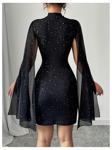 IQLWI Women's Sexy Glitter Mini Dress Mock Neck Cloak Sleeve Cocktail Shimmering Elegant Dresses Wedding Guest Party Evening