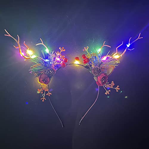 LED Glowing Tiara Reindeer Antlers Hair Accessories Christmas Party Hair Hoop Headwear Hair Accessories for Women (Colorfu...