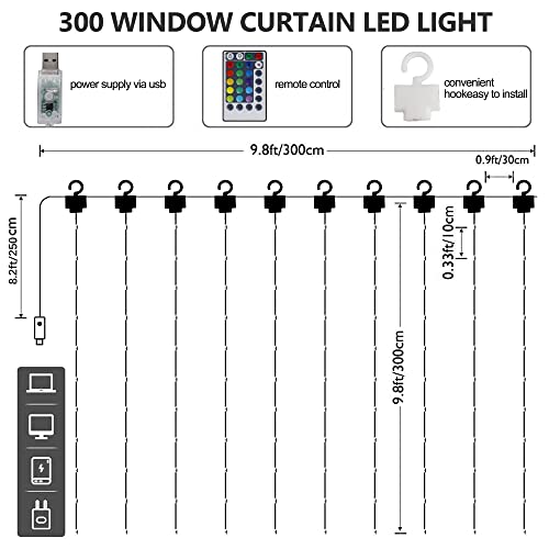 HOME LIGHTING Window Curtain String Lights, 300 LED RGB 16 Colors Changing Fairy Lights, 4 Modes with Remote, USB & Adapte...