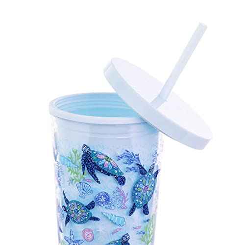 Travel Tumbler with Lid and Straw, 24 Ounce Insulated Cup, Blue Plastic Double Wall Tumbler, Turtle Dream