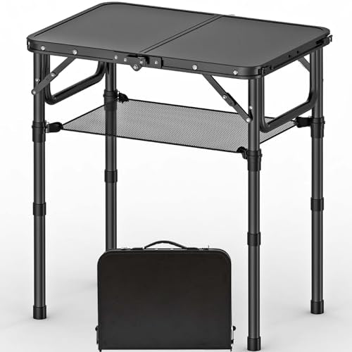 YihuiKo Folding Picnic Table with Storage Net, Matte Black Aluminum Folding Table 23.6" x 15.8", Adjustable Height Max 27....