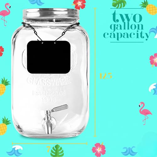 2 Gallon Extra Large Iced Beverage Dispenser with Ice & Fruit Infusers – Glass Mason Jar Drink & Beverage Container with S...