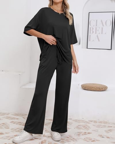 AmazingStar Womens Lounge Set 2026 Summer 2 Piece Outfits Oversized Short Sleeve Tops & Wide Leg Pant Matching Sets Clothing