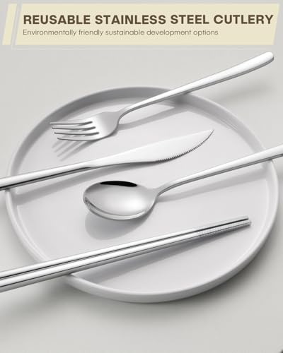 Travel Utensils with Case, PHILIPALA 2 Sets 18/8 Stainless Steel Reusable Utensils Set with Case, Travel Cutlery Set with ...