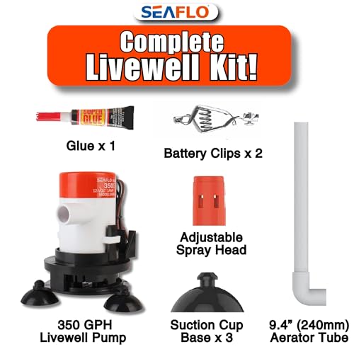 SEAFLO 09 Series Portable Livewell Aeration Pump Kit - 12V, 350 GPH, Submersible, Adjustable Spray Head, Quiet Operation, ...