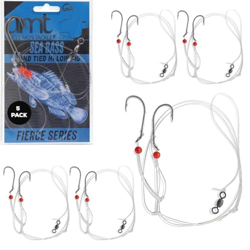 Sea Bass Hi/Lo Saltwater Fishing Rigs 1, 5 &10 Pack Bulk Options - Uncle Mo’s Tackle – Mustad Size 3/0 Bait Hook, 60lb Hea...