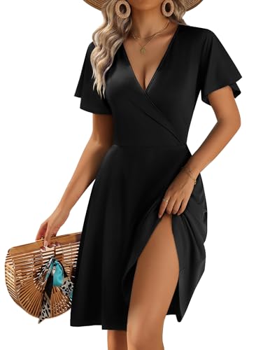 ZEAGOO Womens Summer Sundress Ruffle Short Sleeve Casual Dresses V Neck Floral Wrap A-Line Party Dress with Pockets
