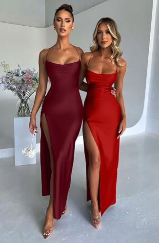 Memoriesea Women's Sexy Spaghetti Strap Bodycon Cowl Neck Party Cocktail Maxi Dress