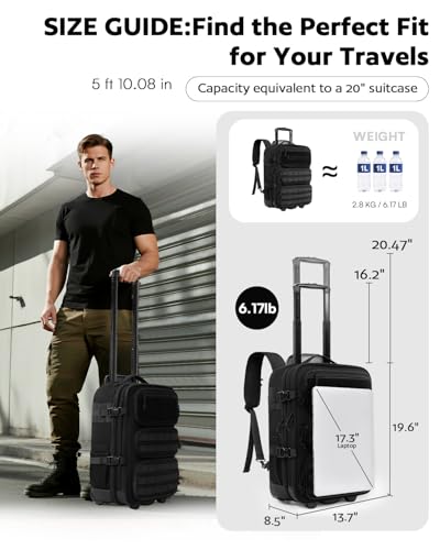 AUROTIER Rolling Tactical Laptop Backpack, 17 Inch Wheeled Military Computer Backpack for Men and Women, Roller Carry on L...