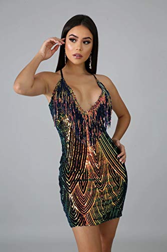 Women's Sexy Bodycon Party Mini Dress Deep V Neck Sequin Backless Spaghetti Straps Clubwear