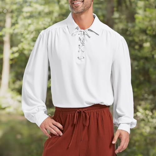 Pirate Shirt Men Renaissance Faire Costume Medieval Victorian Shirt Vampire Gothic Steampunk Costume Halloween Cosplay Tops White S
