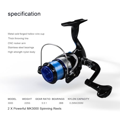 LOEIBMIRY 2 Pack 2.1m/6.89ft Telescopic Spinning Fishing Rod Reel Combos with Carrier Bag, Lures, Pliers for Saltwater Fre...