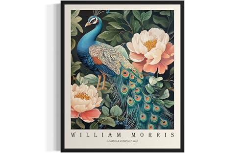Peacock Art Print Poster, William Morris Style Retro Floral Mid Century Botanical Victorian Dark Academia Flower Decor Gallery 148 (Peacock, 18 x 24 inches, Unframed)