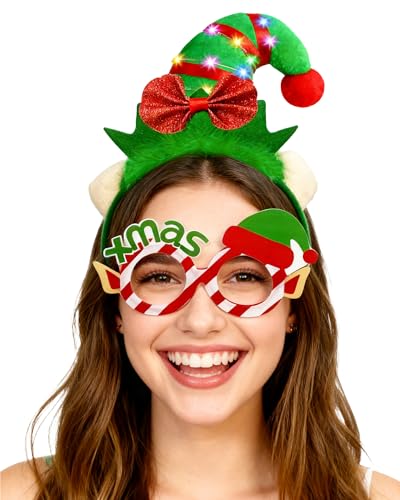 Dkomekii Christmas Elf Headband Light Up LED Elf Hat Headband Glowing with Ears for Xmas Costume Party
