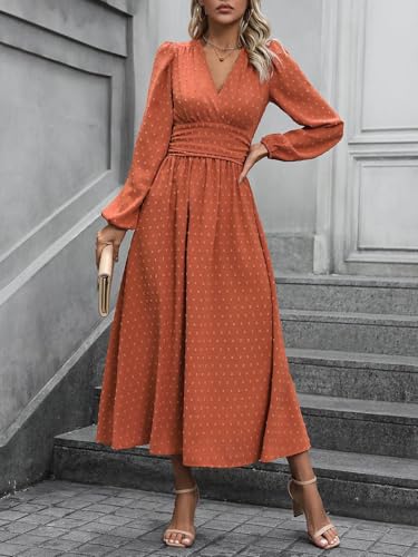 Mettclasi Women's Spring Fall Swiss Dot V Neck Maxi Dress Casual Puff Long Lantern Sleeve A-Line Flowy Dress