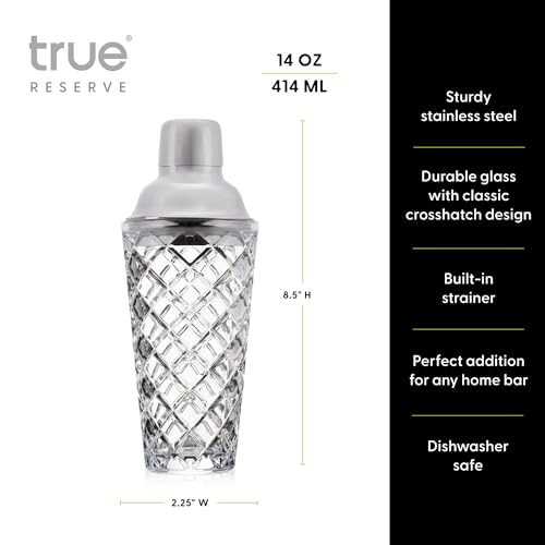 True Reserve Glass Cobbler Shaker, Elegant Cocktail Shaker for Margarita, Whiskey Sour, Espresso Martini, Mixed Drinks, Co...