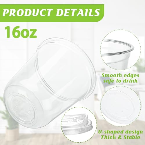 16oz Disposable Stemless Glasses With Strawless Sip Lids,PET Disposable Drinking Cups,Clear Plastic Wine Glasses for Parti...