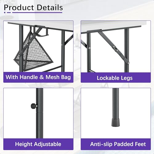 VECELO Folding Table 4 Foot with Mesh Bag, Indoor Outdoor Heavy-Duty Portable w/Handle,Fold-in-Half for Picnic, Party, Cam...