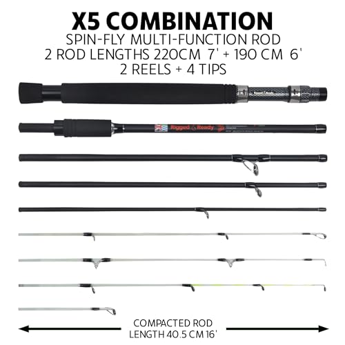 Rigged & Ready X Series Travel Fishing Rods. 6 Super Compact, Multi-Functional, Portable, Spinning, Bass, Carp, Lure, Floa...