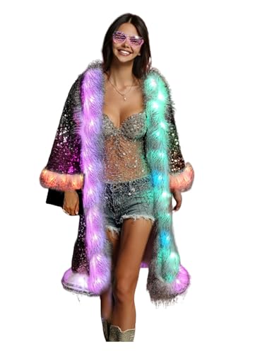 LED Light up Sequin Coat for Women Flash Sparkly Jacket Rave Costume Music Festival Outfits Parties Halloween Holiday
