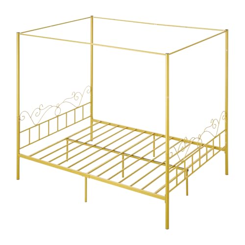 VEVOR Queen Size Canopy Bed Frame, Metal Canopy Bed with Minimalist Headboard & Four Posters Design, Heavy Duty Steel Slats Support, Underbed Storage Space, No Box Spring Needed, Easy Assembly, Gold