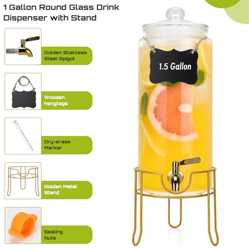 DHSBTLS 1.5 Gallon Glass Drink Dispensers, Round Beverage Dispenser for Party, BBQ and Picnic, Clear Airtight Juice Dispen...