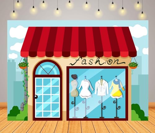 CORFOTO 7x5ft Fabric Lady Fashion Store Window Display Backdrop Cartoon Clothing Store Fashion Boutique Background for Gir...