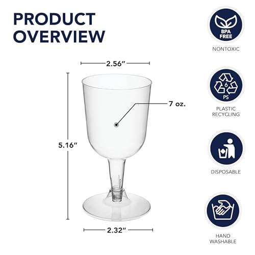 Party Essentials Disposable Hard Plastic Two Pieces Wine Glasses, 20-Count, 7-Ounce, Clear
