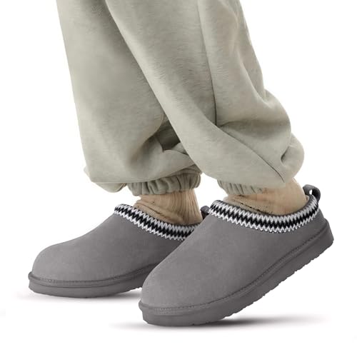 FITORY Men’s Winter Genuine Leather Slippers, Comfy Memory Foam Suede Shoes with Warm Fleece-Lined for Indoor and Outdoor ...