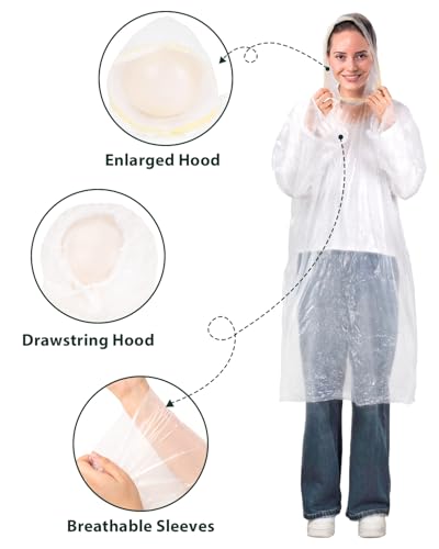 Disposable Rain Poncho for Adults Clear, Lightweight Raincoat, Compact Waterproof Rainwear for Outdoors
