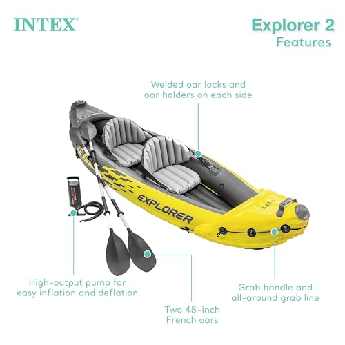 Intex 68307EP Explorer K2 Inflatable Kayak Set: Includes Deluxe 86in Aluminum Oars and High-Output Pump – SuperStrong PVC...