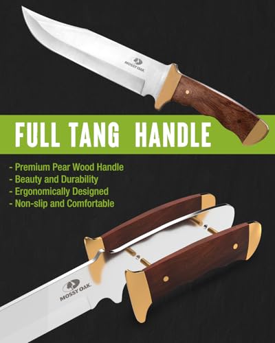 Mossy Oak 14-inch Bowie Knife, Full-tang Fixed Blade, Wood Handle Hunting Knife with Leather Sheath for Camping, Hiking, S...
