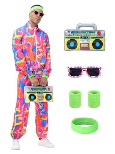 Tosjack 80s Outfit for Men Women,Neon Retro Tracksuit 90s Windbreaker Costume,Hip Hop Party Workout Track Suit Clothing