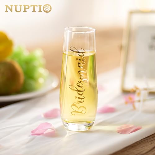 NUPTIO Stemless Champagne Glasses Bridesmaid: Bridal Shower Party Prosecco Flutes Tumbler Wedding Gift Clear Gold Embossed