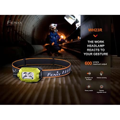 Fenix WH23R Work Headlamp, 600 Lumen USB-C Rechargeable Motion Sensor Activation with Spot and Flood Dual Beam and Organizer