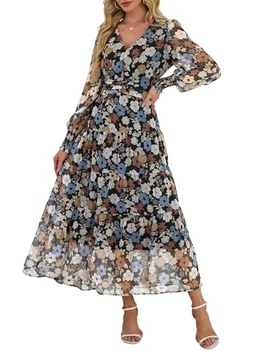 ANRABESS Womens Floral Long Sleeve Maxi Dress V Neck Chiffon Flowy Boho A-Line 2026 Spring Wedding Guest Party Wrap Dresses