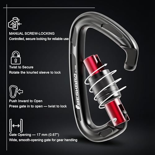 FresKaro 4inches 25kN-5621lbs Climbing Carabiners, UIAA CE Certified, Screw Lock, 7075 Aluminium, Lightweight, Rust Proof,...