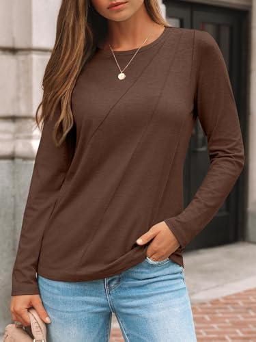 AUTOMET Womens Pleated Long Sleeve Tunic Tops - Loose Fit Crewneck Casual Shirts, Soft Lightweight Everyday Basic Clothes