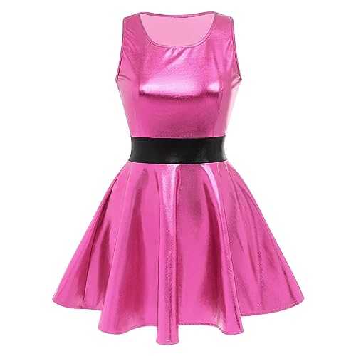 IDOPIP Women's Shiny Metallic Dress Sexy Sleeveless Skater Mini Dress Holographic Party Rave Dance Clubwear Halloween Costume