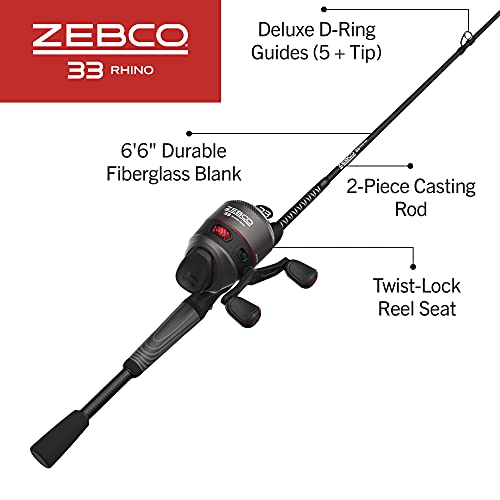 Zebco 33 Rhino Tough Spincast Reel and 2-Piece Fishing Rod Combo, Durable E-Glass Rod with ComfortGrip Handle, Quickset An...